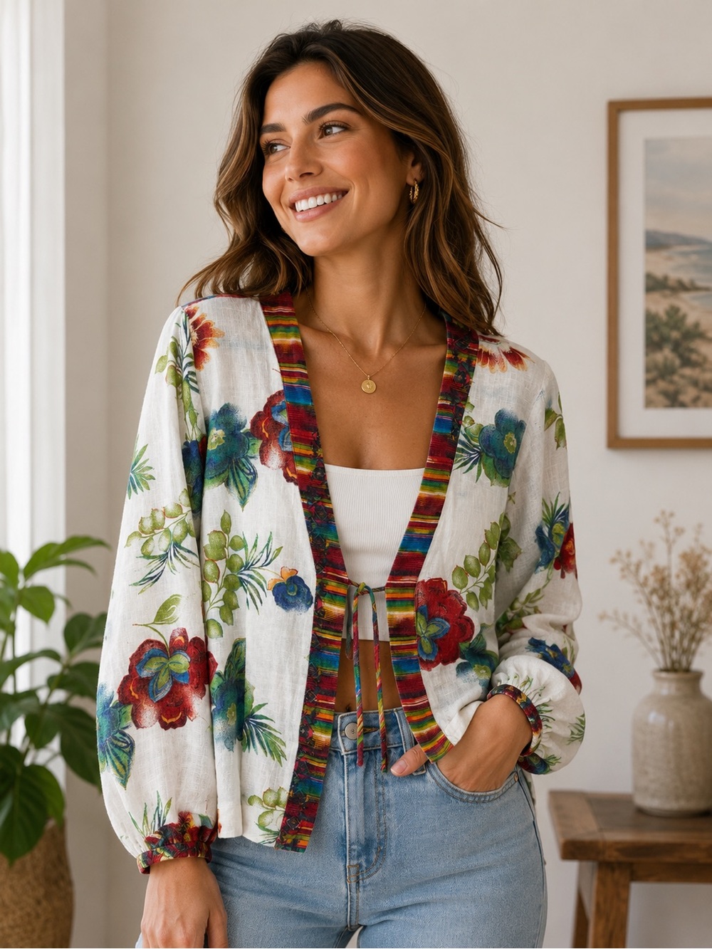 Chico’s Floral Linen Tie Front Jacket Top Size 2 Large 12 White Multicolor Boho